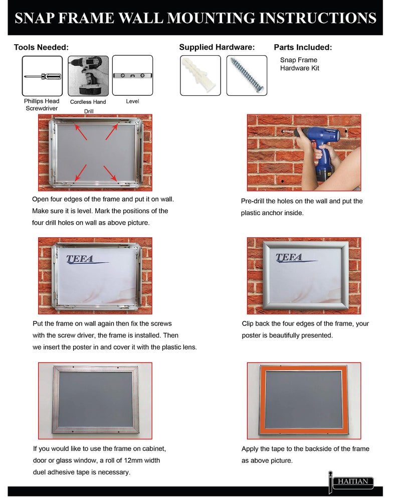 HAITIAN 10 Pack of HAITIAN Snap Poster Frame Display Unit Wall Mounting, 8.5 x 11 Inch Size Front Loading, Matt Black color, 1" Profile,0.07 inch Hard black back - Image 3